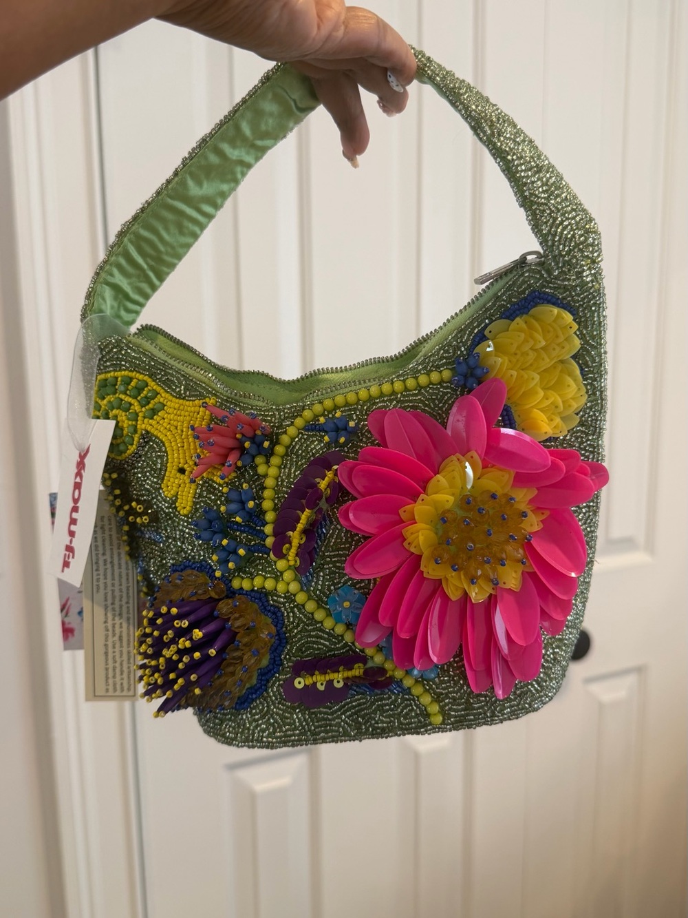 Green Beaded Floral Applique Shoulder Bag - Pink & Yellow Flower Accent